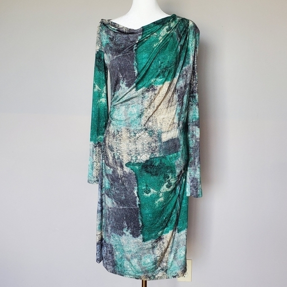 Piazza Sempione Abstract Green Long Sleeve Ruched Modest Designer Dress 42 EU - Picture 11 of 11
